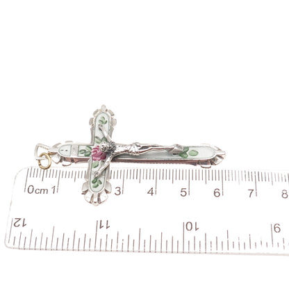 925 Sterling Silver Antique Art Deco Enamel Crucifix Cross Charm Pendant