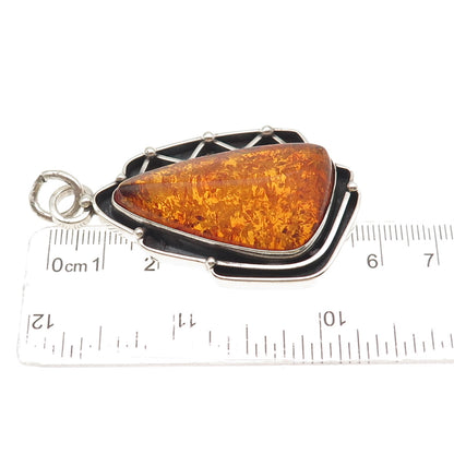 925 Sterling Silver Vintage Real Amber Modernist Oxidized Pendant