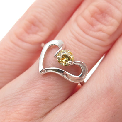 925 Sterling Silver Round-Cut Canary C Z Heart Ring Size 6