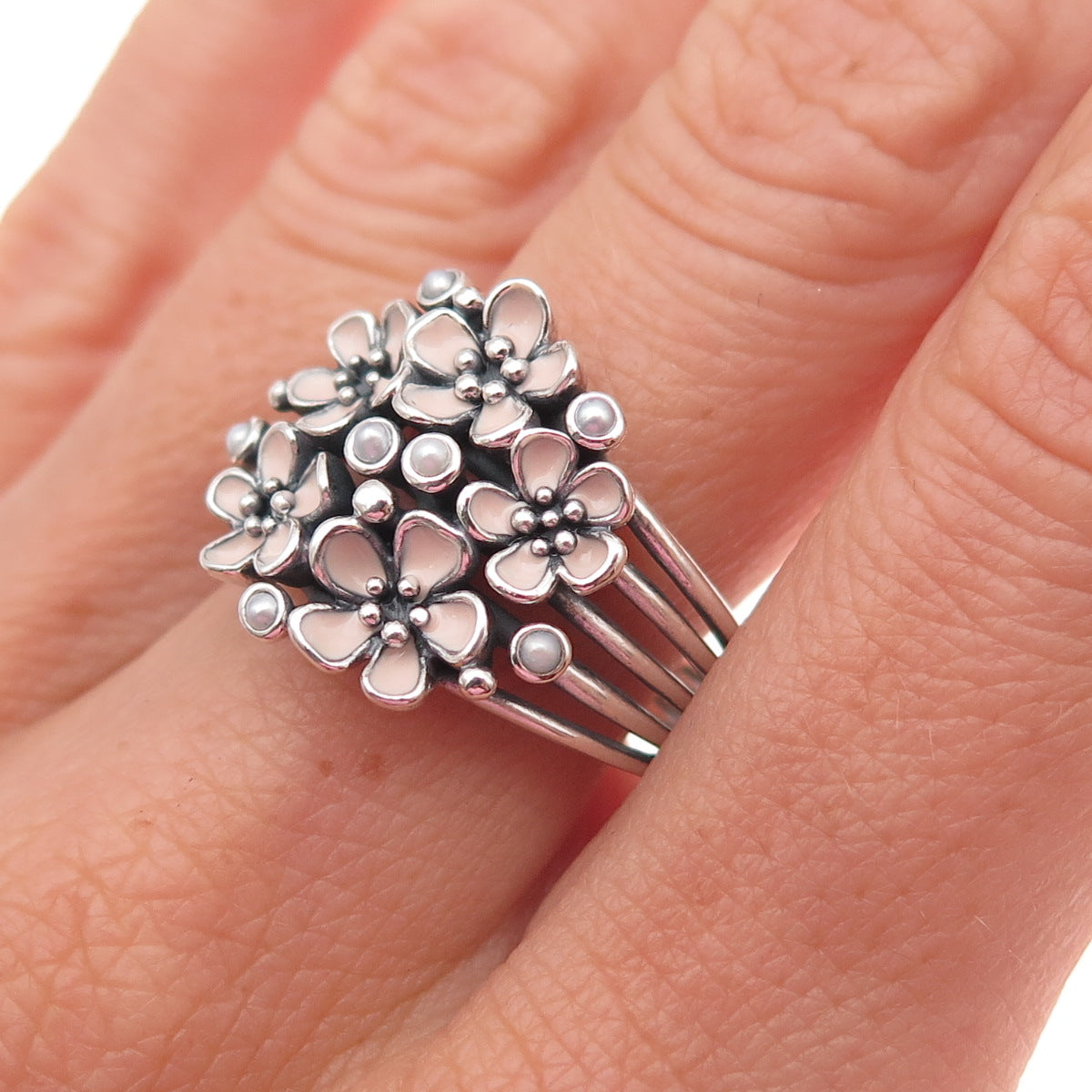 Pandora Sterling Silver Enamel Real Pearl Cherry Blossom Bouquet Ring Size 9.25