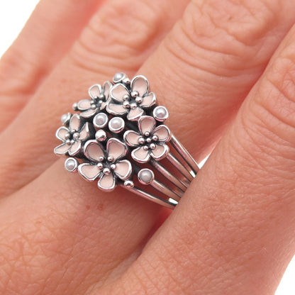 Pandora Sterling Silver Enamel Real Pearl Cherry Blossom Bouquet Ring Size 9.25