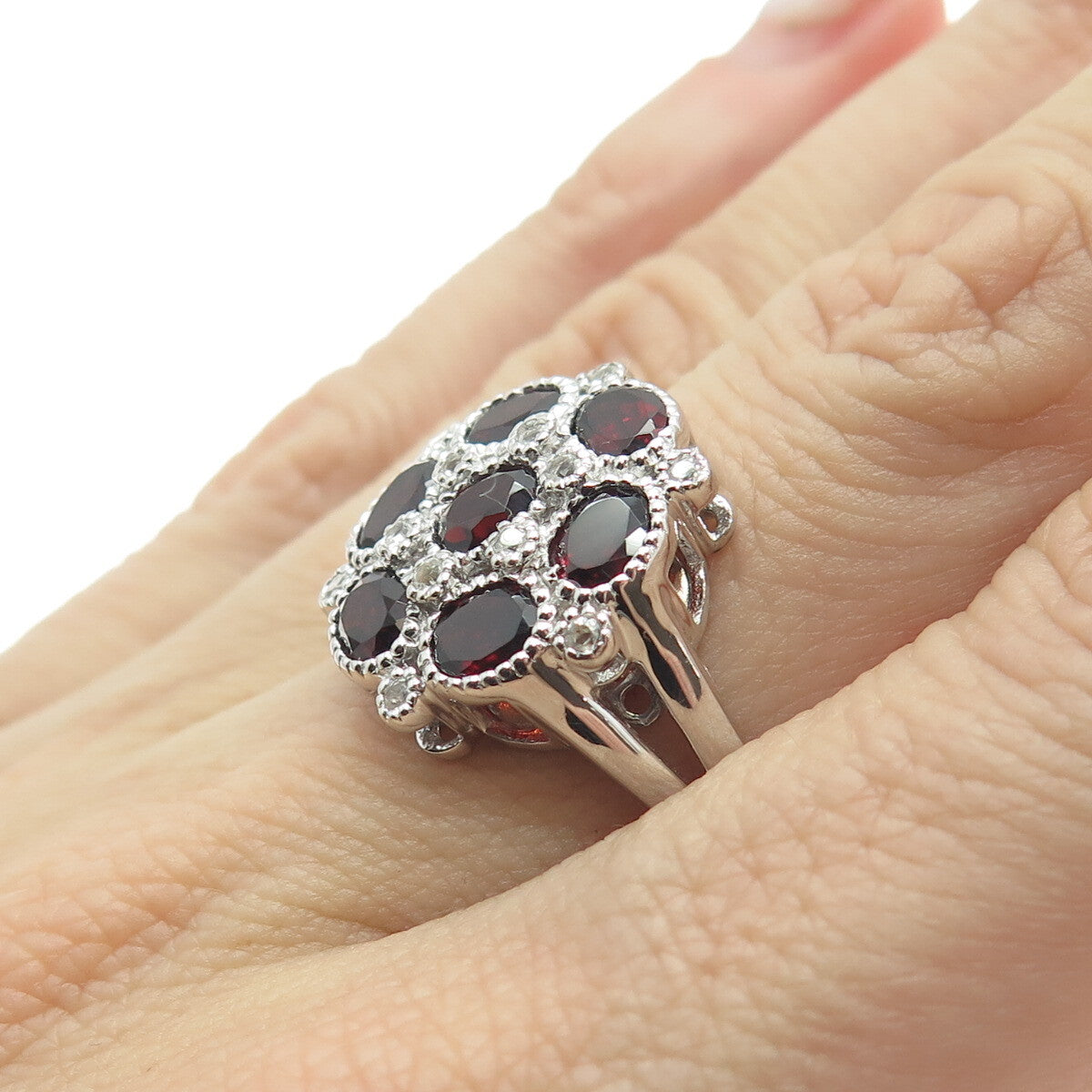 925 Sterling Silver Real White Topaz & Red Garnet Gemstone Ring Size 7.25