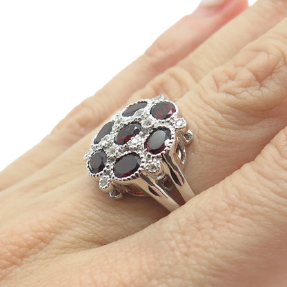 925 Sterling Silver Real White Topaz & Red Garnet Gemstone Ring Size 7.25