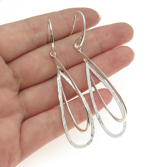 925 Sterling Silver Vintage Modernist Hammered Teardrop Dangling Earrings