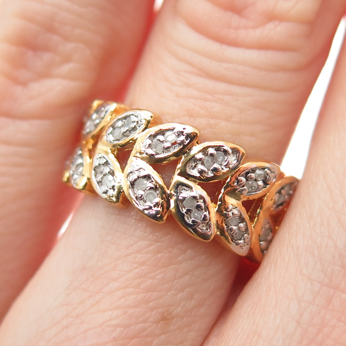 DBJ DEE BERKLE Sterling Silver Gold Plated Real Diamond Laurel Leaf Ring Size 5