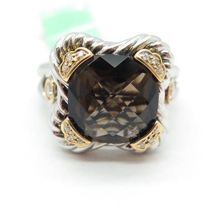 DANWAK 18K Gold Sterling 14 Diamond 0.14ct & Smoky Quartz 4.75ct Ring Size 7