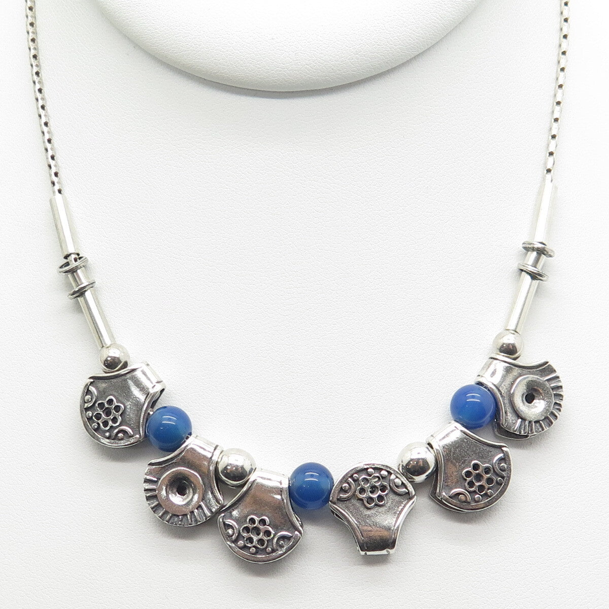 925 Sterling Silver Vintage Real Blue Chalcedony Modernist Chain Necklace 18"
