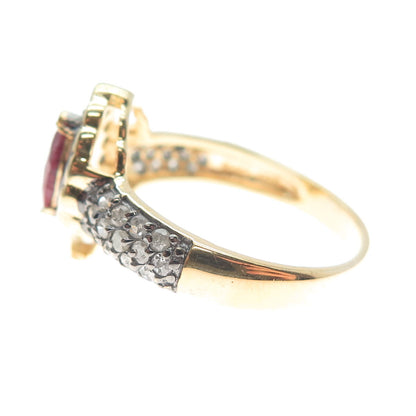 925 Sterling Silver Gold Plated Real Round-Cut Diamond & Ruby Ring Size 9.25