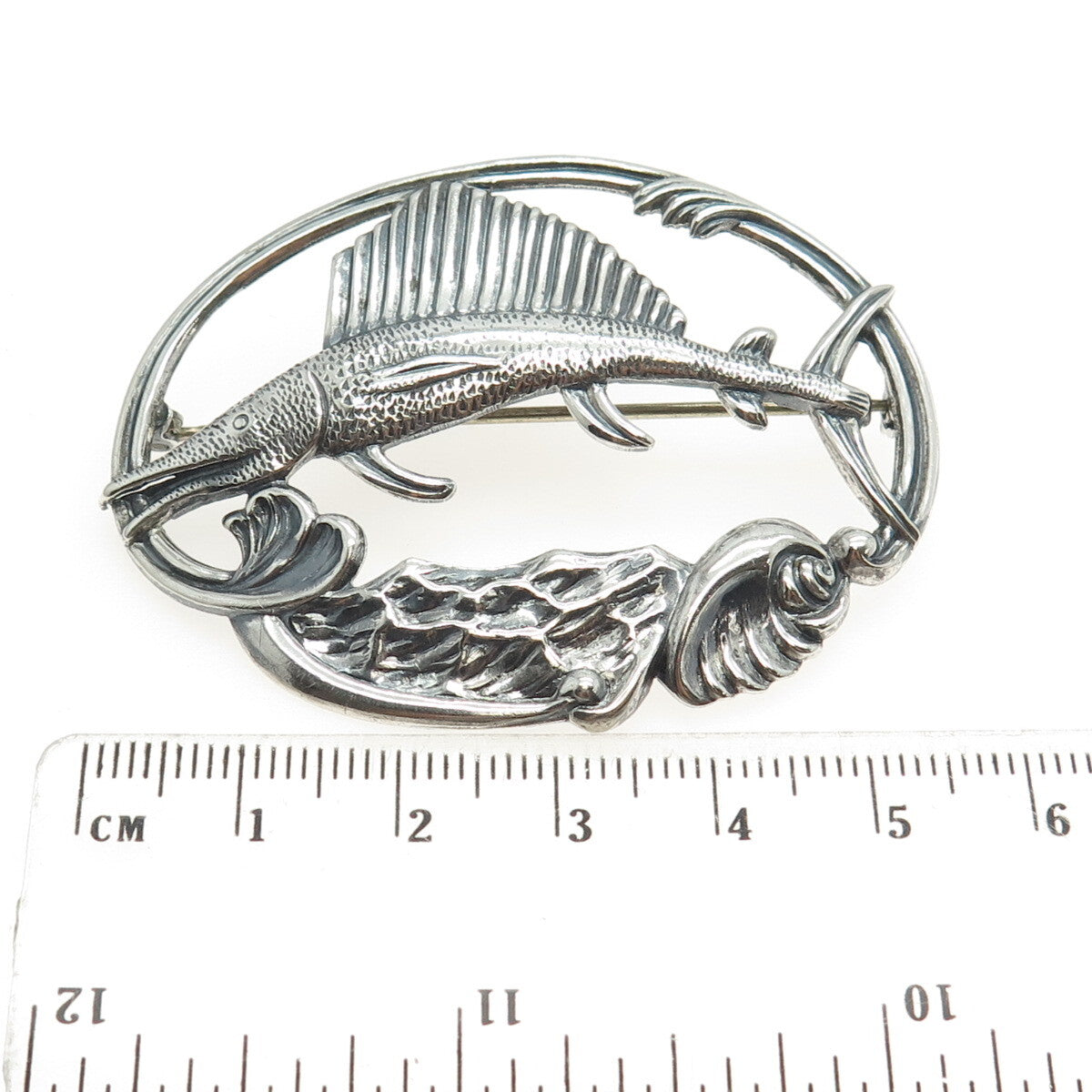 925 Sterling Silver Antique Art Deco Sailfish Repousse Pin Brooch