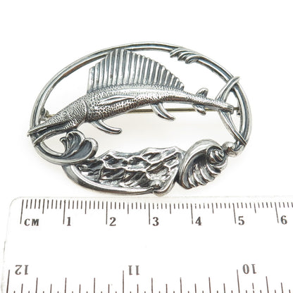 925 Sterling Silver Antique Art Deco Sailfish Repousse Pin Brooch