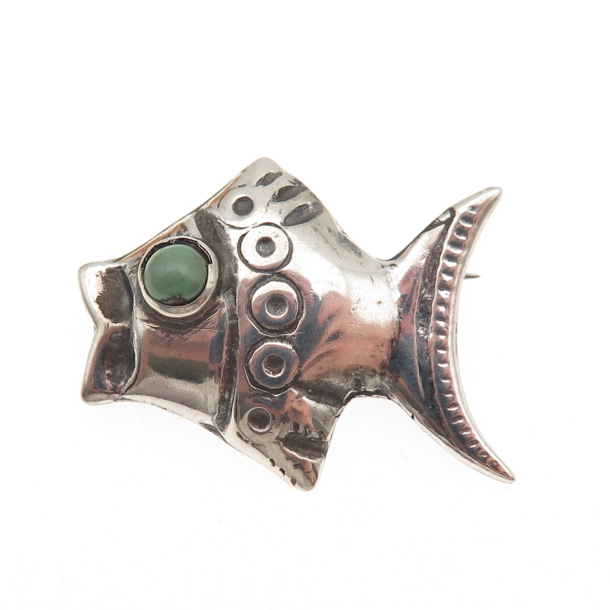 925 Sterling Silver Vintage Mexico Real Turquoise Fish Oxidized Pin Brooch