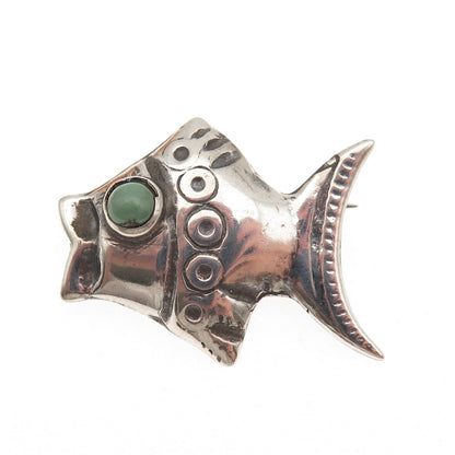 925 Sterling Silver Vintage Mexico Real Turquoise Fish Oxidized Pin Brooch