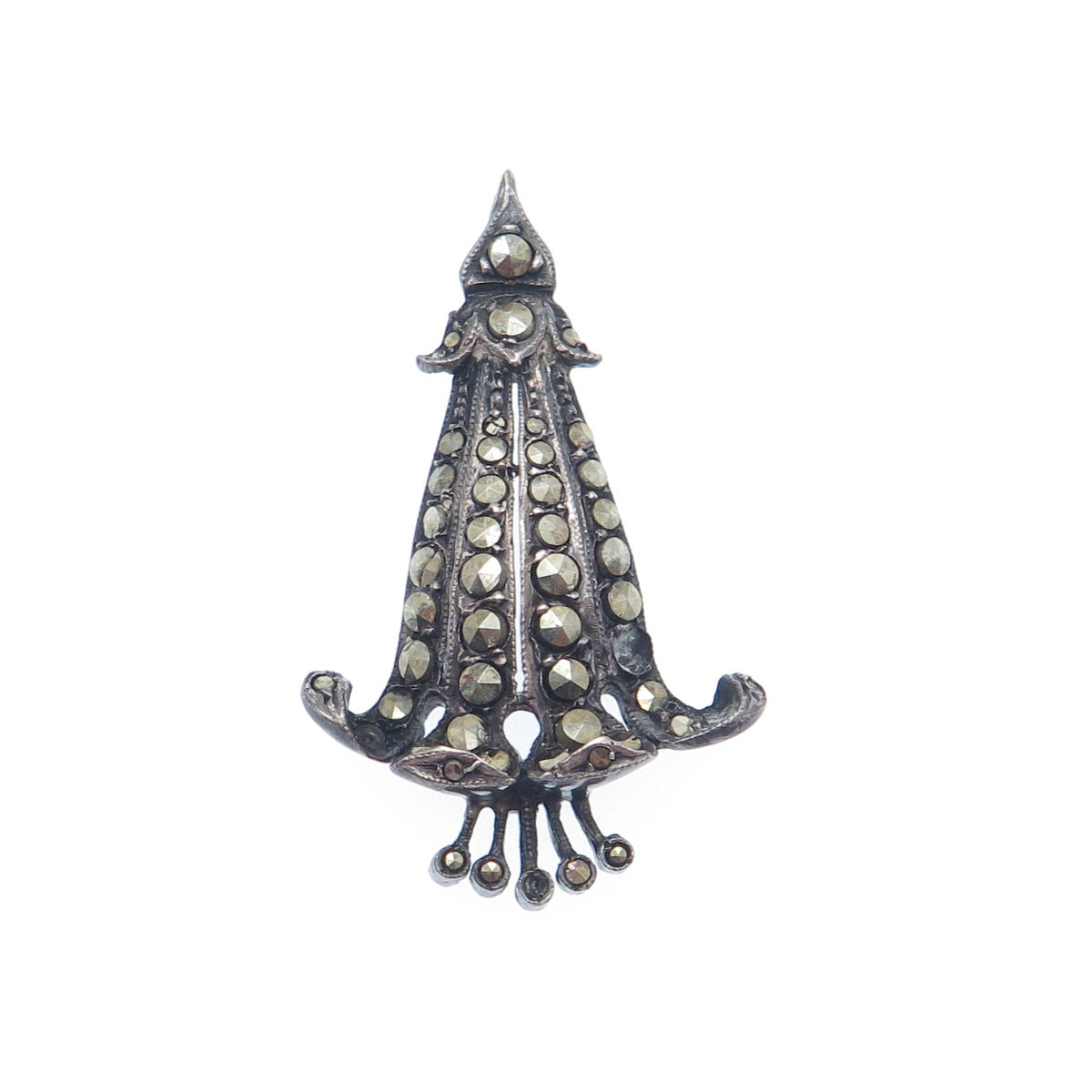 925 Sterling Silver Antique Real Marcasite Bellflower Pendant (missing 3 stones)