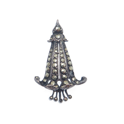 925 Sterling Silver Antique Real Marcasite Bellflower Pendant (missing 3 stones)