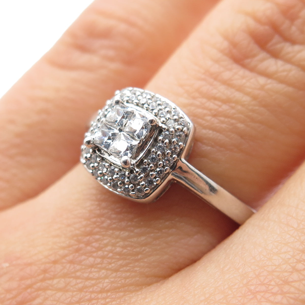 925 Sterling Silver Princess & Round-Cut C Z Engagement Ring Size 6.75