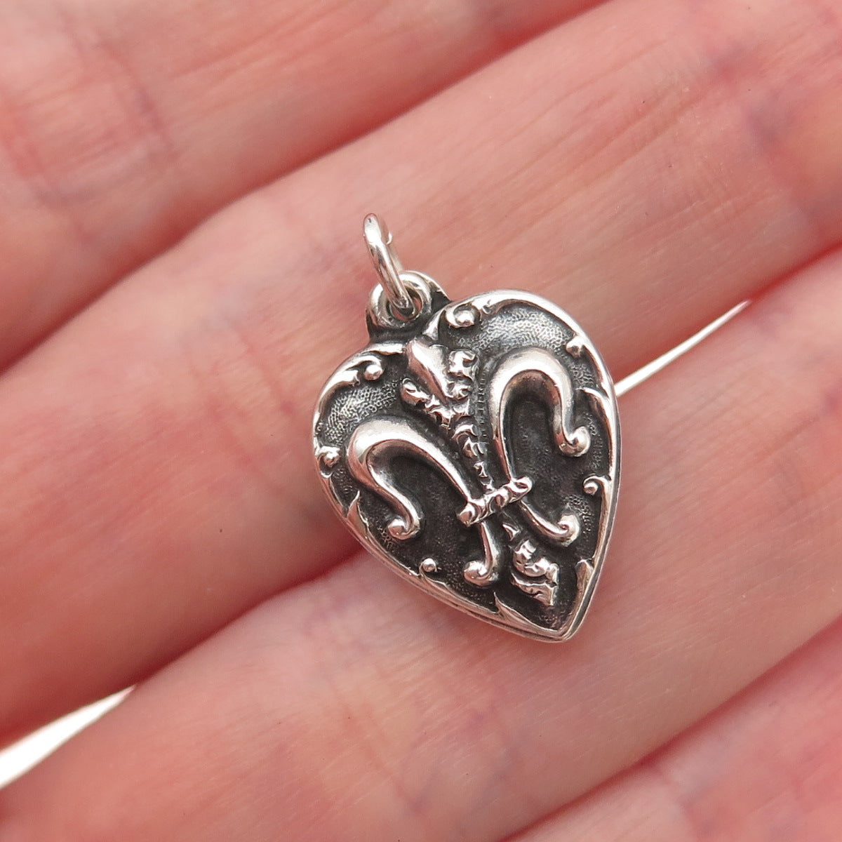 925 Sterling Silver Antique Art Deco Fleur de Lis Chatelaine Heart Charm Pendant