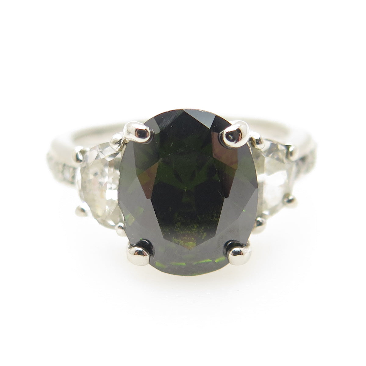 925 Sterling Silver Oval-Cut Dark Green & White C Z Ring Size 7.25