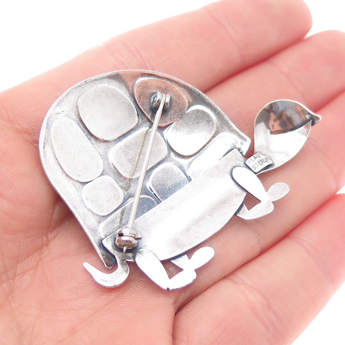 BEAU 925 Sterling Silver Vintage Turtle Cartoon Character Oxidized Pin Brooch