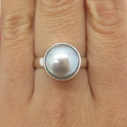 925 Sterling Silver Vintage Real Pearl Modernist Ring Size 8.5