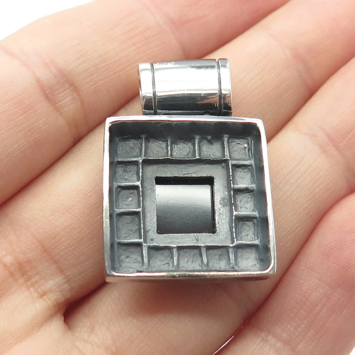 925 Sterling Silver Vintage Sunstone Imports Black Onyx Gem Square Pendant
