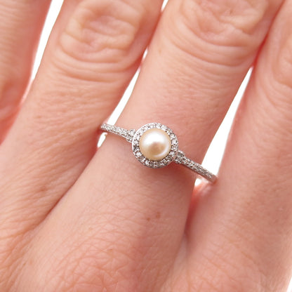 925 Sterling Silver Real Round-Cut Diamond & Pearl Ring Size 8.75