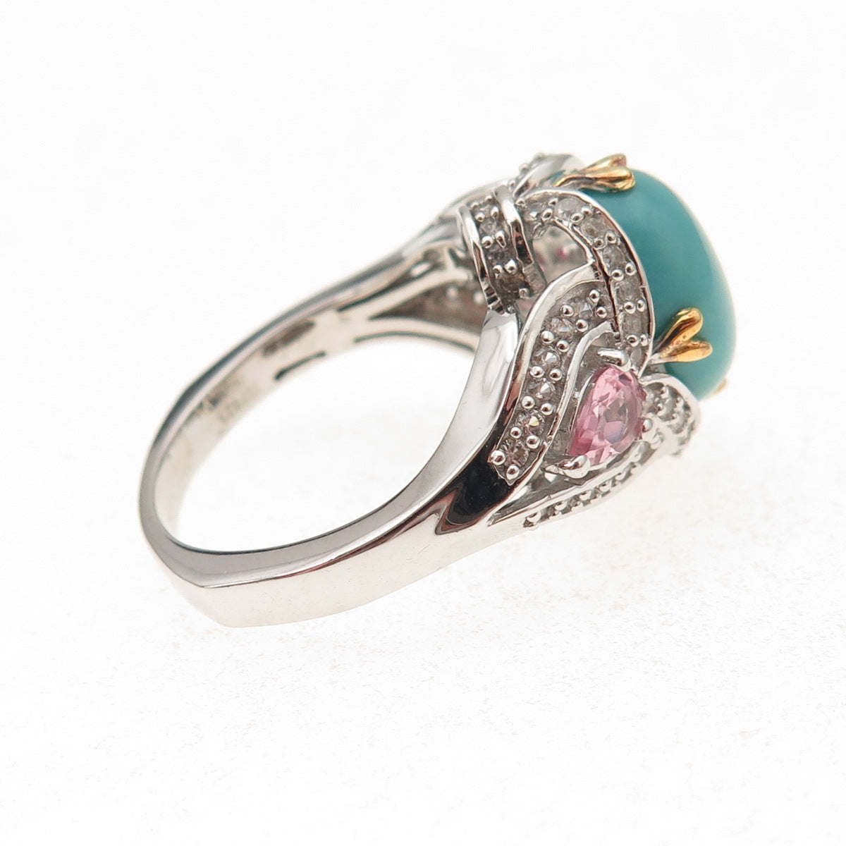 925 Sterling Silver 2-Tone Real Turquoise Pink & White Topaz Ring Size 8.25
