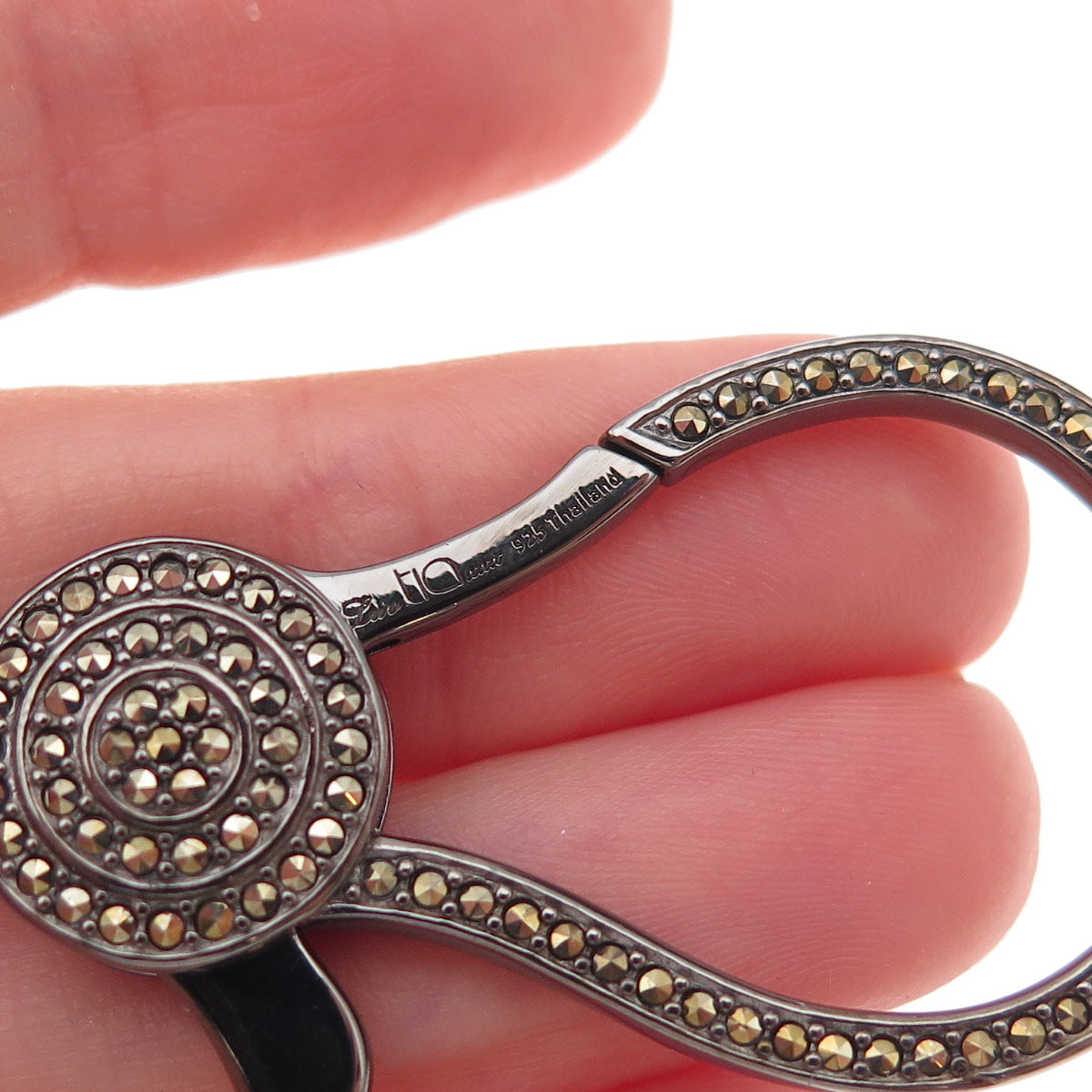 Luv Tia 925 Sterling Silver Black Rhodium Real Marcasite Carabiner Lobster Clasp
