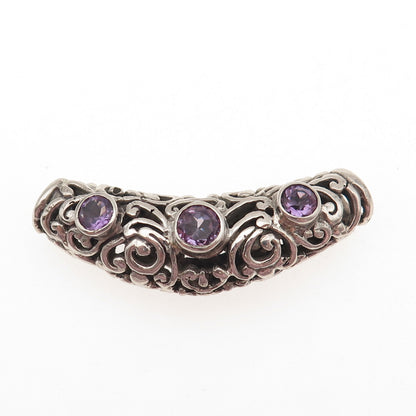 925 Sterling Silver Vintage Real Amethyst Floral Swirl Slide Pendant