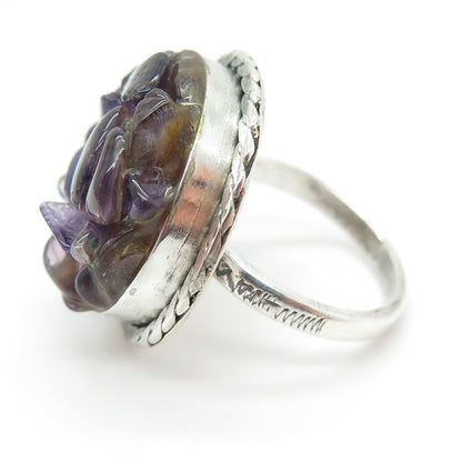 925 Sterling Silver Vintage Real Amethyst Gemstone Modernist Ring Size 7.25