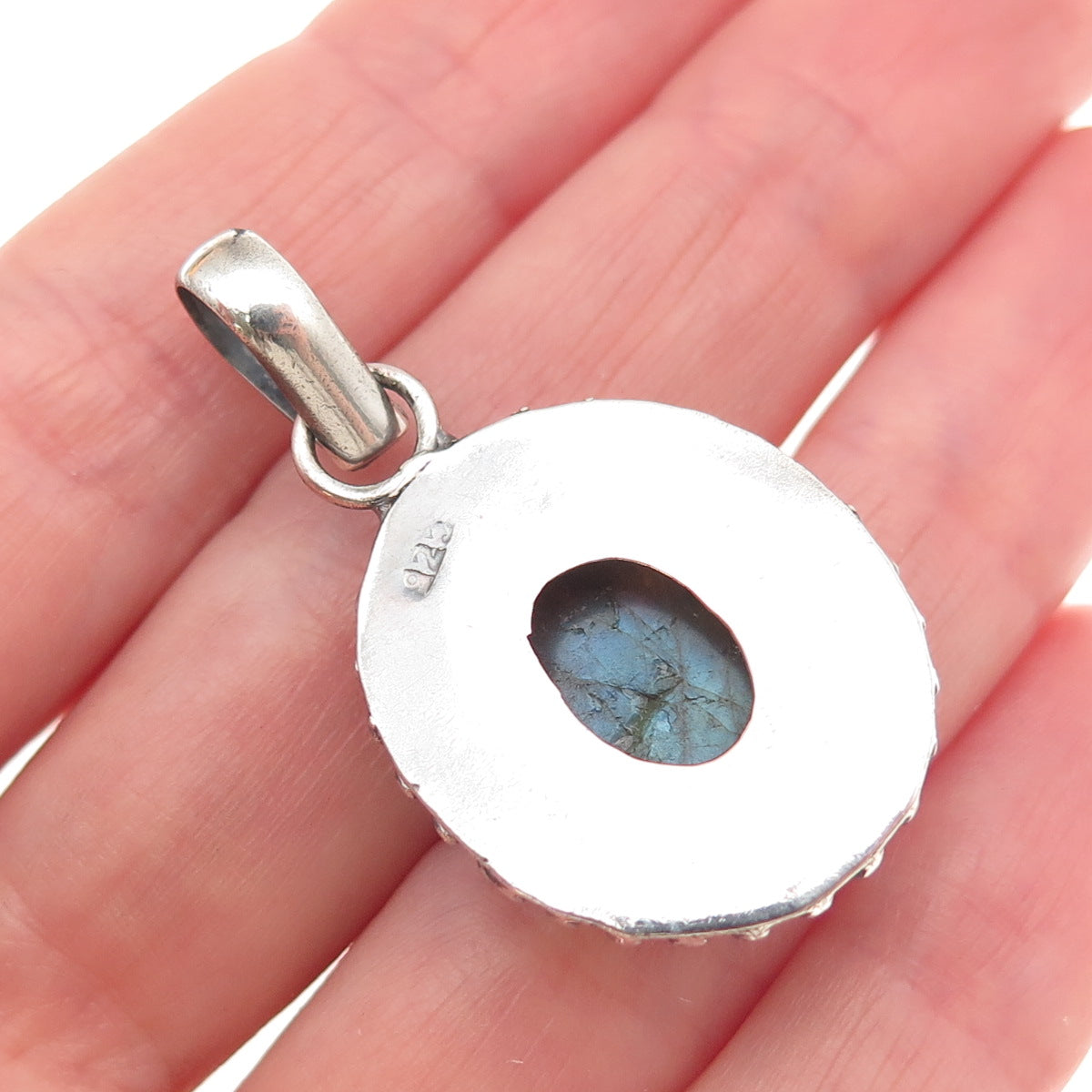 925 Sterling Silver Vintage Real Labradorite Modernist Oxidized Charm Pendant
