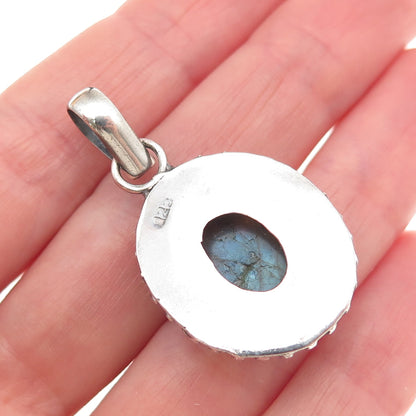 925 Sterling Silver Vintage Real Labradorite Modernist Oxidized Charm Pendant
