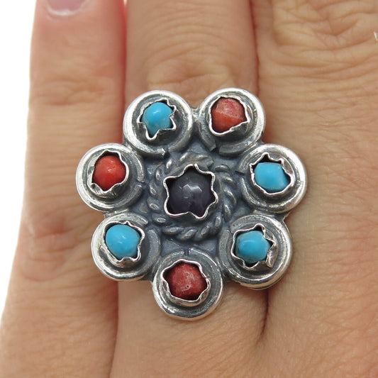 925 Sterling Silver Vintage Turquoise Coral & Amethyst Gem Floral Ring Size 6.25