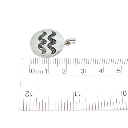925 Sterling Silver Real Black Diamond Aquarius Zodiac Sign Tag Charm Pendant