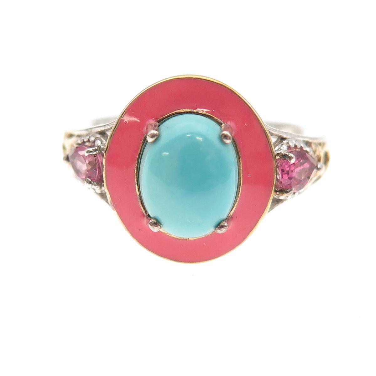 Chuck Clemency 925 Sterling 2-Tone Enamel Real Turquoise Tourmaline Ring Size 8