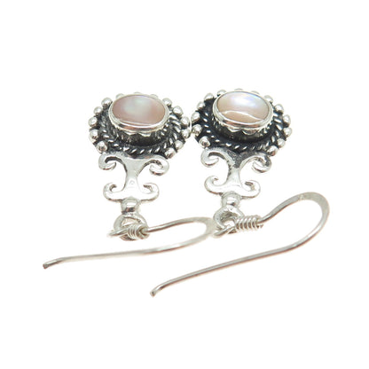 925 Sterling Silver Vintage Real Mother-of-Pearl Boho Dangle Hook Earrings