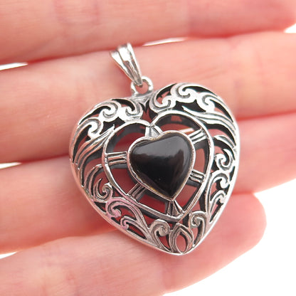 925 Sterling Silver Vintage Real Black Onyx Ornate Heart Dual Sided Pendant
