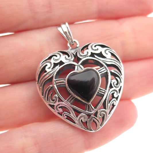 925 Sterling Silver Vintage Real Black Onyx Ornate Heart Dual Sided Pendant
