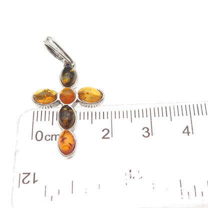 925 Sterling Silver Vintage Real Amber Cross Charm Pendant