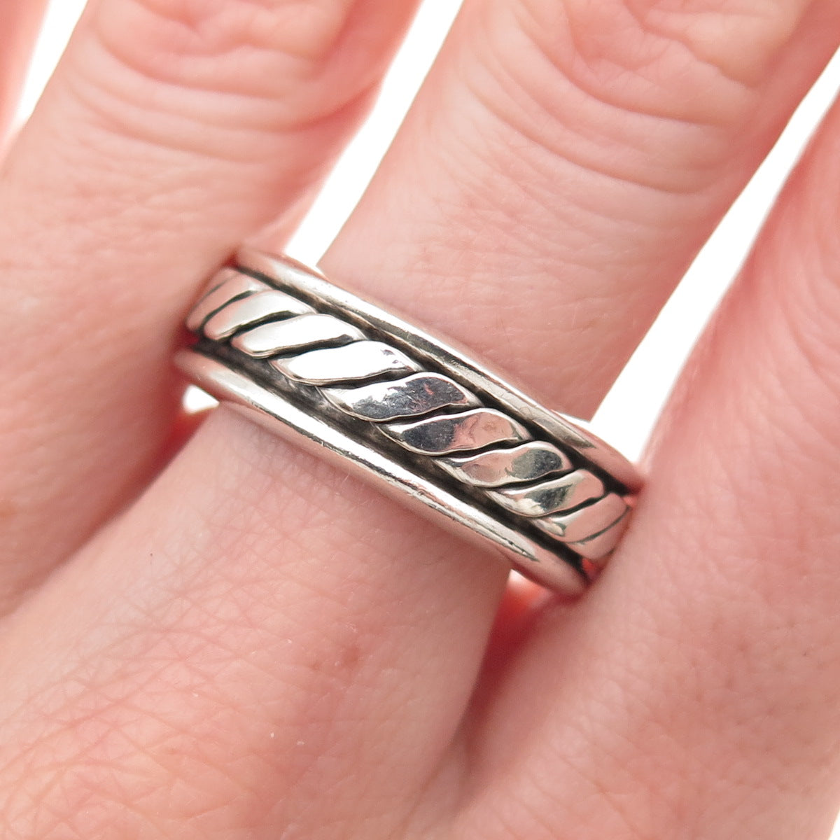 925 Sterling Silver Vintage Oxidized Braided Rotating Band Ring Size 10