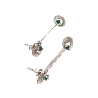 925 Sterling Silver Vintage Green Rhinestone Modernist Oxidized Dangle Earrings