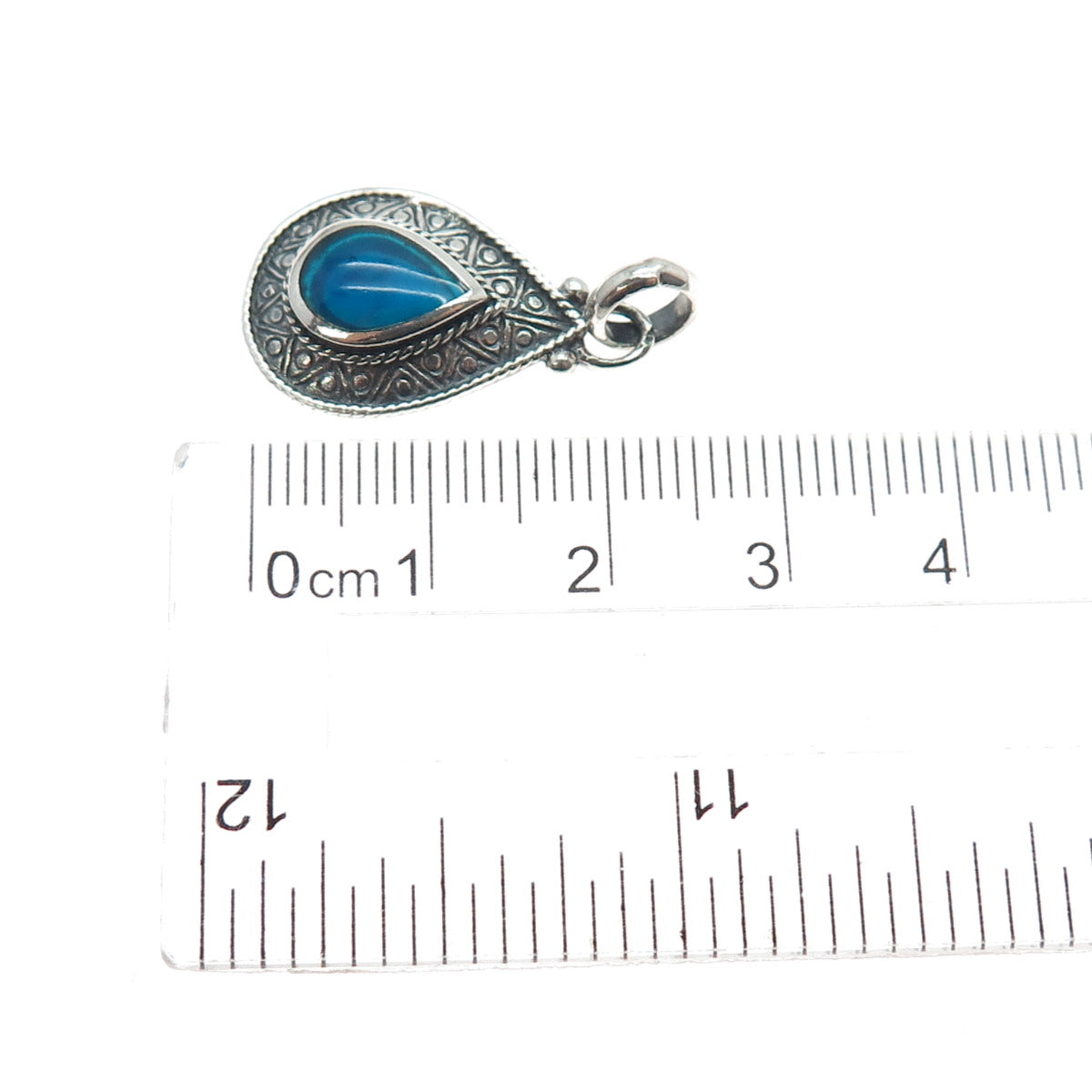 925 Sterling Silver Vintage Blue Enamel Teardrop Oxidized Charm Pendant
