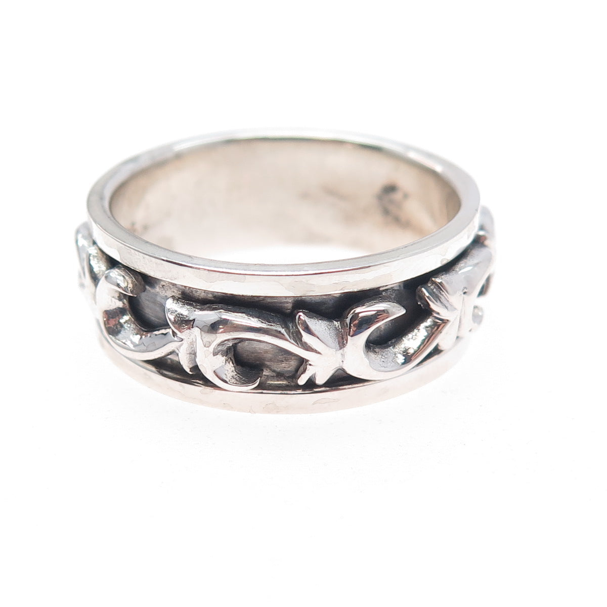 925 Sterling Silver Vintage Modernist Swirl Oxidized Rotating Band Ring Size 13