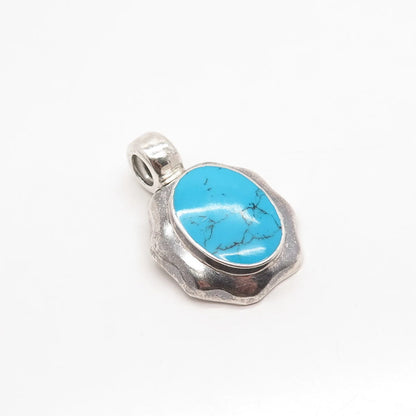 925 Sterling Silver Vintage Mexico Real Turquoise Gem Oval Pendant