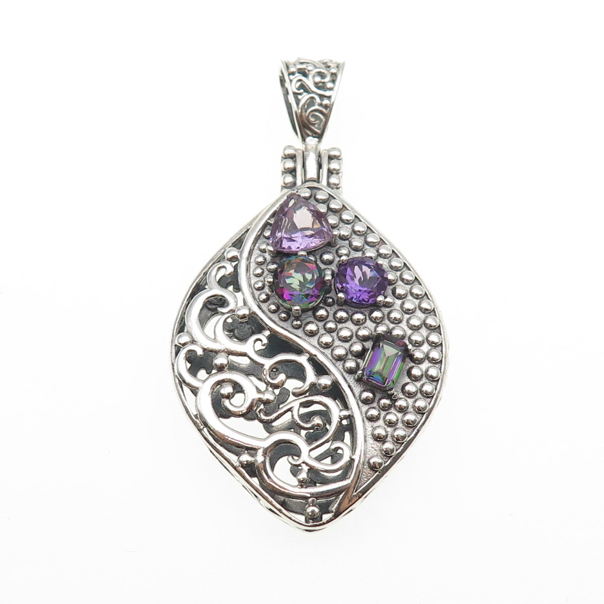 BERIA 925 Sterling Silver Vintage Real Amethyst & Mystic Quartz Charm Pendant