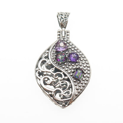 BERIA 925 Sterling Silver Vintage Real Amethyst & Mystic Quartz Charm Pendant