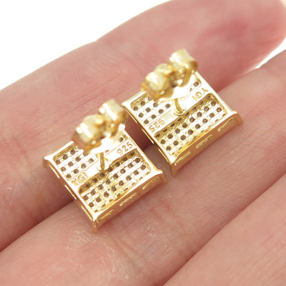 925 Sterling Silver Gold Plated Round-Cut C Z Princess Square Earrings