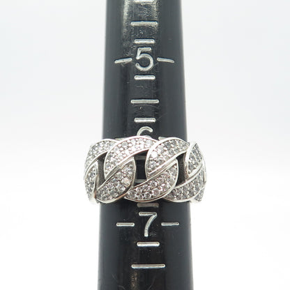 925 Sterling Silver Pave C Z Cuban Chain Band Ring Size 6.75