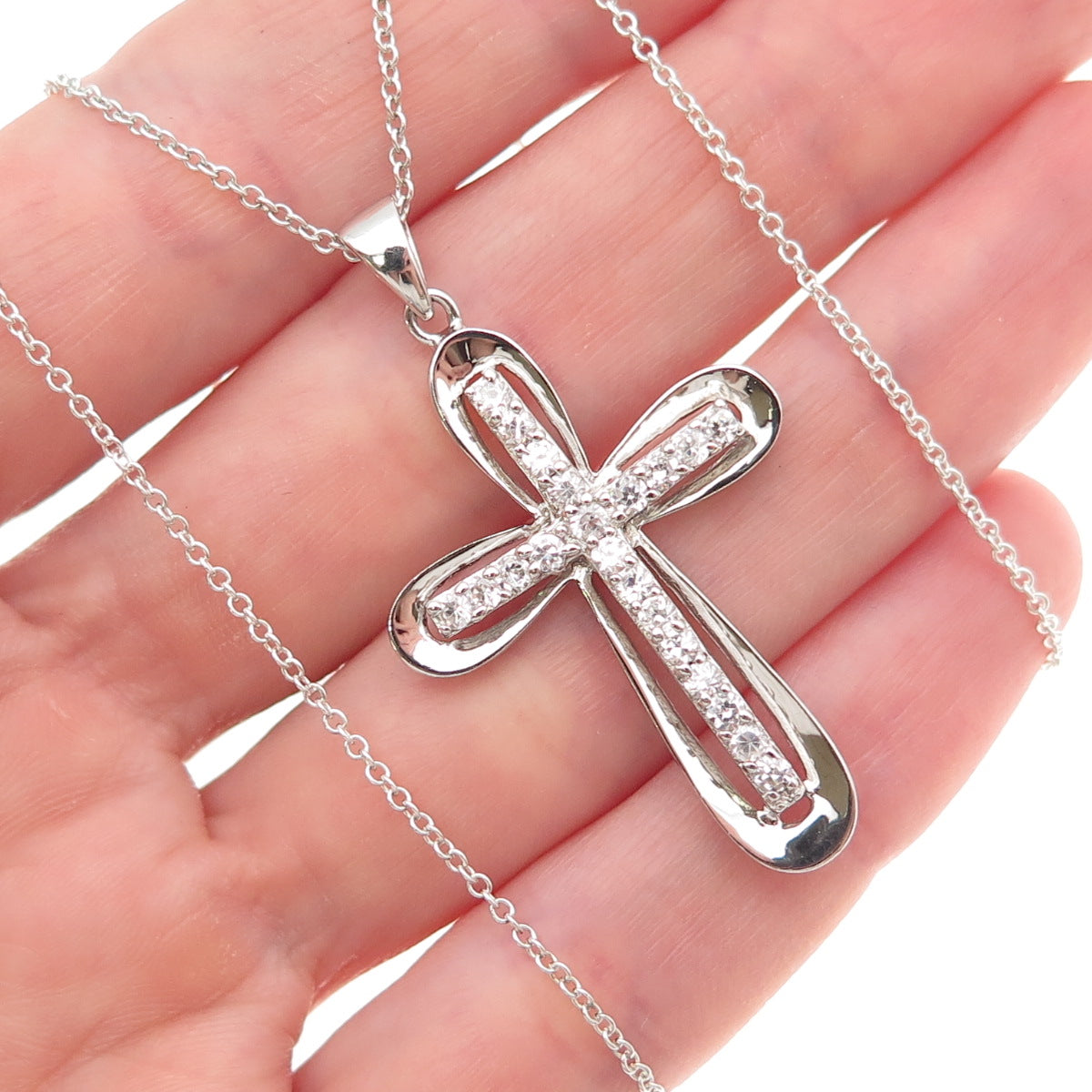 925 Sterling Silver Round-Cut C Z Cross Cable Chain Necklace 18"