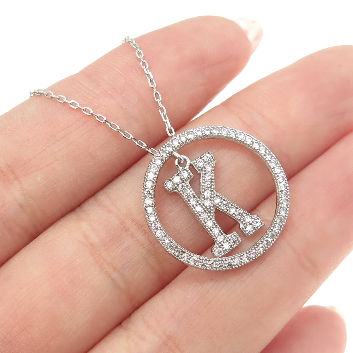 925 Sterling Silver Round-Cut C Z Letter "K" Initial Cable Chain Necklace 16-18"