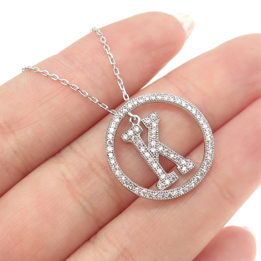 925 Sterling Silver Round-Cut C Z Letter "K" Initial Cable Chain Necklace 16-18"